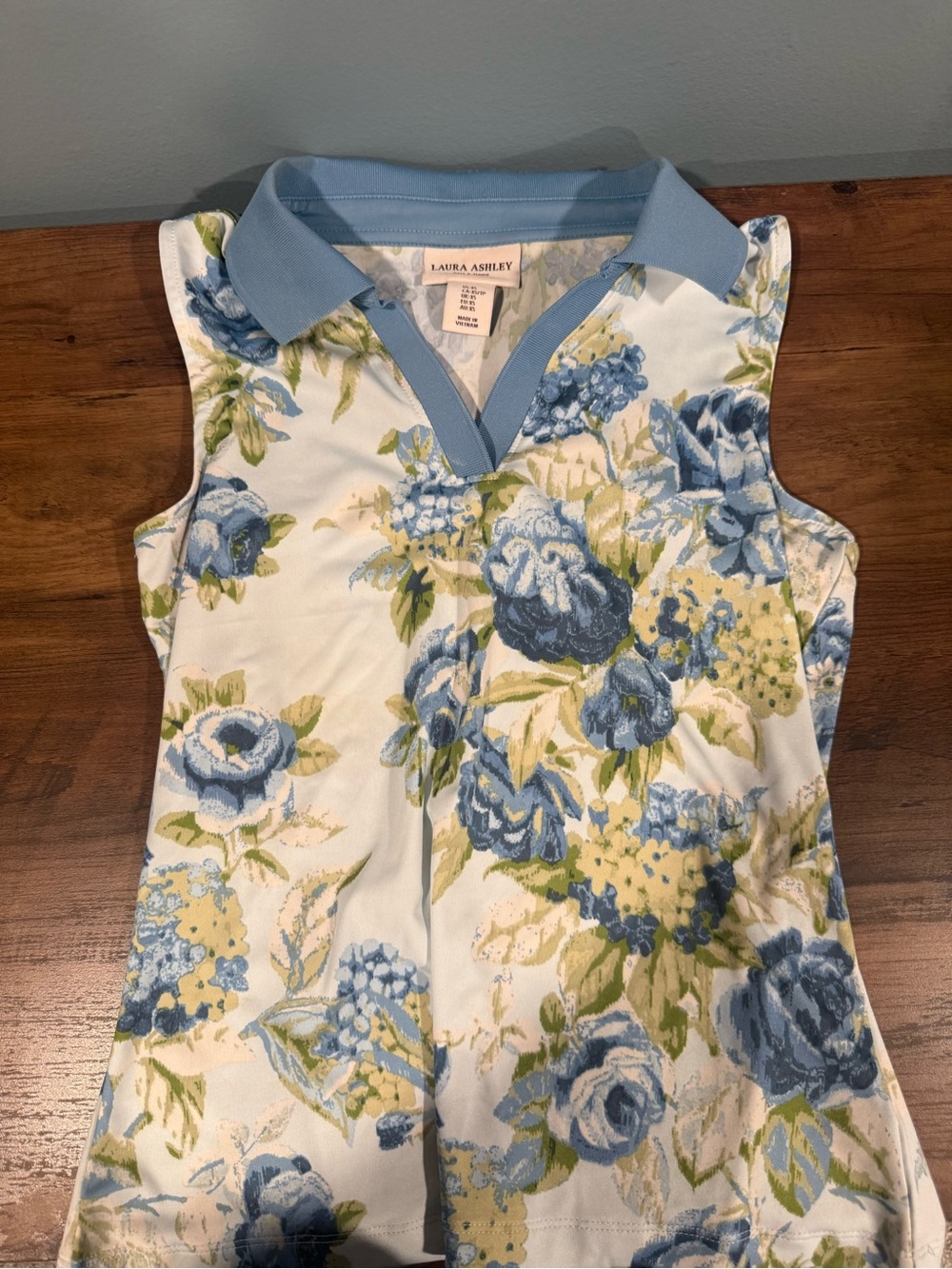 Laura Ashley Blue and Green Floral Sleeveless Polo Tank